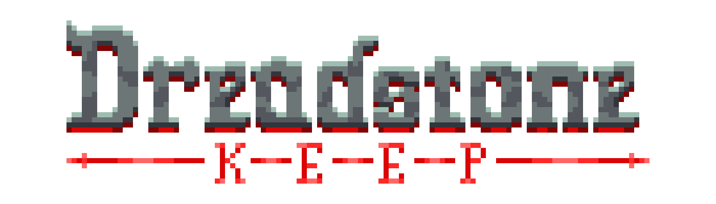 Dreadstone Keep logo, the word "Dreadstone" is made of stone and Keep written in blood, all in a pointy gothic and old font.