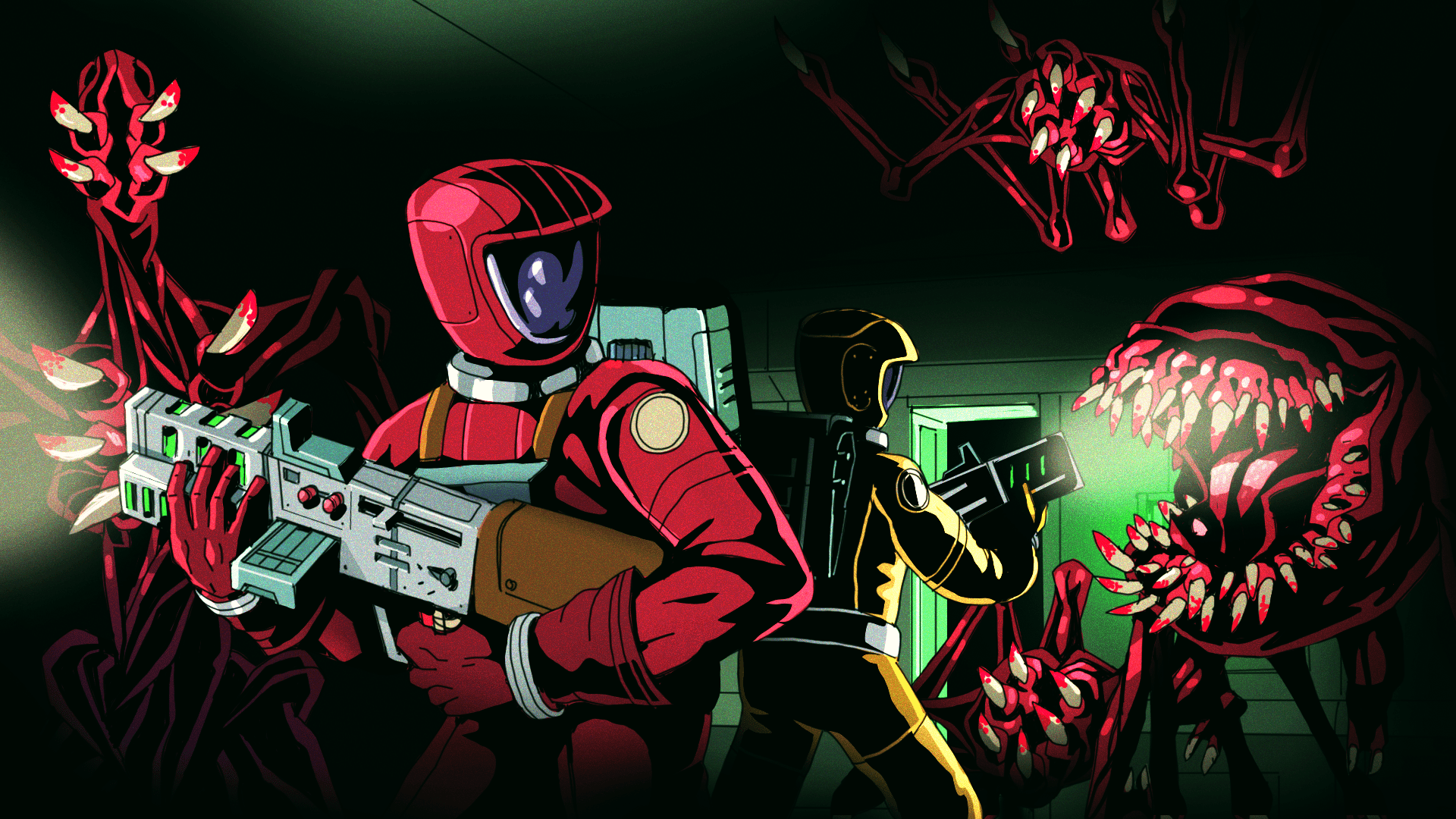 Main cover art for the game. It depicts a Astronaut in a red suit holding a gun, surrounded by aliens, back-to-back with another astronaut in an yellow suit. The Alies vary in shape, all vaguely humanoid, with flesh red skin and various gaping mouths with projecting tusks and teeth.