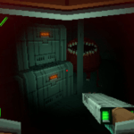 Screenshot from the game spacepunk survival. first person view of the player looking over a pile of futuristic, technological crates, while behind them sits a rotund and bloated alien with an enormous gaping mouth across its torso, no visible head.